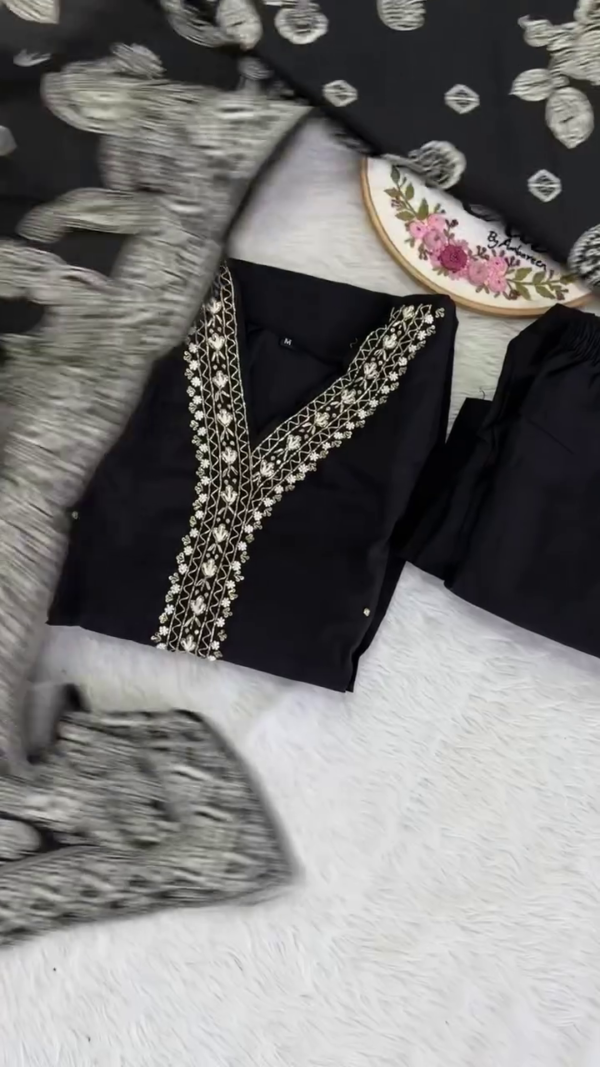 Wear Rayon Embriodered Black Kurta Pant Set